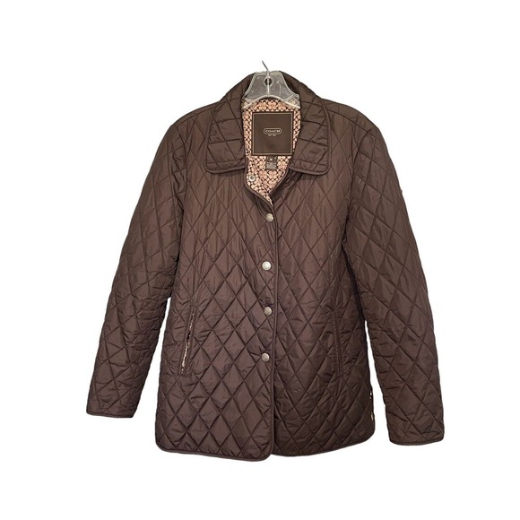 Coach Signature C Quilted Riding Jacket Brown Sz M Button Front - Picture 1 of 5